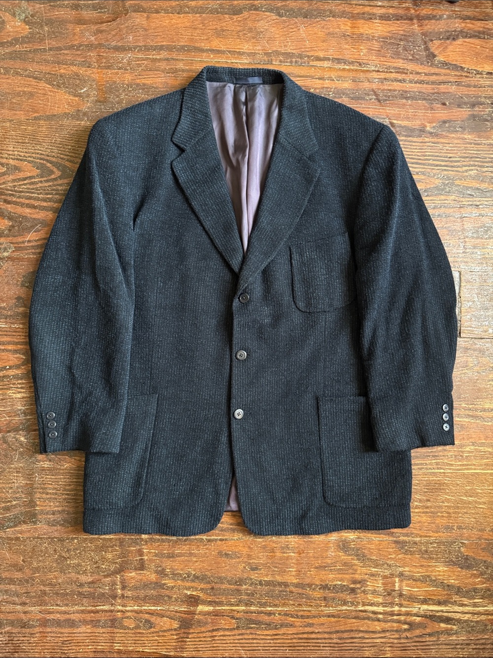 Jhane Barnes Black & Blue Textured Knit Wool Sport Coat Blazer 46R - Made In USA